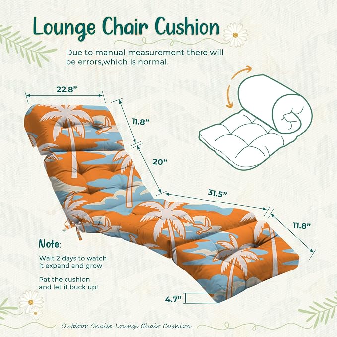2Pcs Outdoor Chaise Lounge Chair Cushion 75.1 x 22.8 x 4.7 Inches 100% Waterproof Replacement Cotton Patio Pool Lounge Chair Cushion for Outdoor Furniture with Ties, Orange Coconut Tree