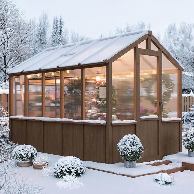 6x10 FT Greenhouse - Large Wooden Greenhouses for Outdoors, Heavy Duty Spruce Frame Greenhouse with PC Panels, Adjustable Roof Vents & Lockable Door, Walk-in Green Houses for Garden, Backyard, Patio
