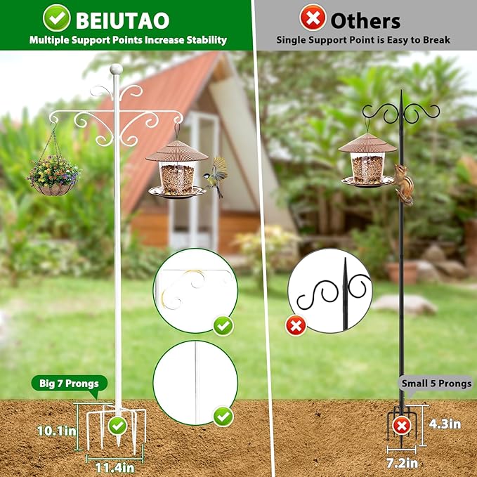 Bird Feeder Pole for Outdoors Heavy Duty Squirrel Proof, 2 Pack 76 Inch Adjustable Tall Shepherds Hooks for Outdoor with 7 Prongs Base, Double Shepherd Hooks (2 Pack White, 76 Inch)