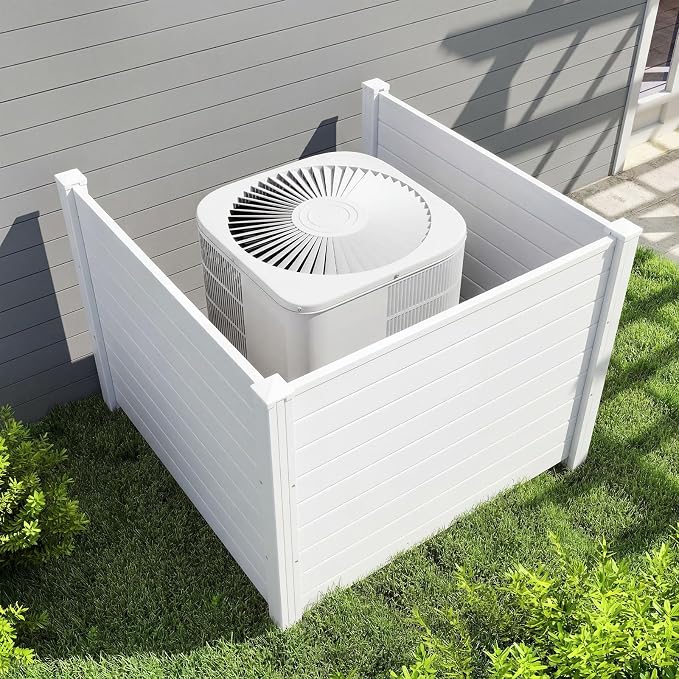 HAPPYGRILL Air Conditioner Fence, 3 Panels Outdoor Privacy Screen with Metal Stakes, No Dig Pool Equipment Enclosure, 48" x 38" Trash Can Screen Fence Kit for Outside Backyard, White