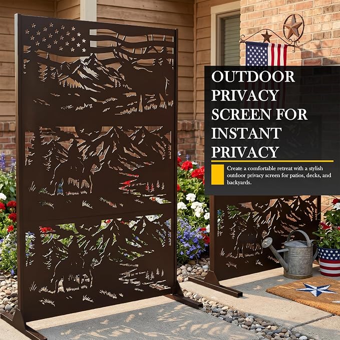 72" H Metal Outdoor Privacy Screen, Western Ranch American Flag Panel | Outdoor Privacy Panels for Balcony, Patio & Backyard, Freestanding Decorative Privacy Panel