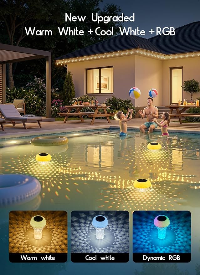 2 in 1 Floating-Pool-Lights-Solar-Powered with Chlorine-Floater, RGBWW-Solar-Pool-Light-Chlorine-Dispenser with 20+ Light Effects, Remote Control, IP68 Waterproof Light for Pools, Hot Tubs, Parties