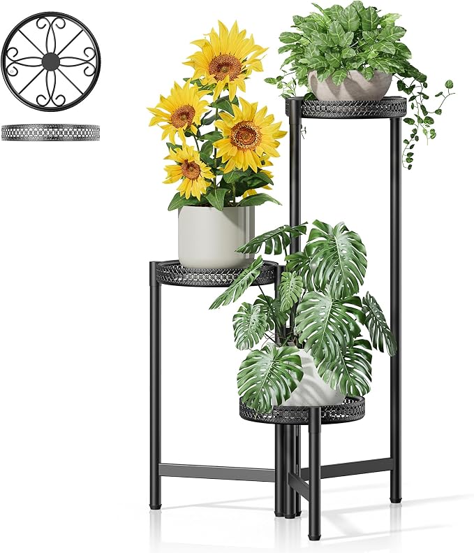 Plant Stand Indoor Outdoor, 3 Tier Corner Metal Flower Display Holder Shelf, Folding Tall Plant Rack for House Patio Balcony Porch Living Room, Heavy Duty Anti-Rust Wrought Iron - BlackS