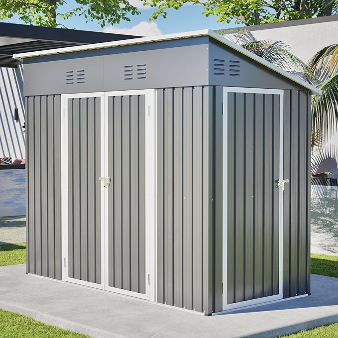 KEIKI Storage Shed 8x4 FT, Small Metal Tool Shed for Outdoor Storage, Galvanized Steel Garden Shed with Lockable Doors for Patio, Backyard, Lawn, Grey