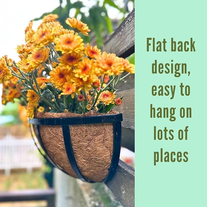 LaLaGreen Bundle- 4 Pack, 12 Inch Metal Basket with Coco Liner + 2 Pack, 12 Inch Hanging Basket with Coco Liner, Black Metal Flat Horse Trough Modern Flower Pots Deck Porch Balcony Fence Outdoor Decor