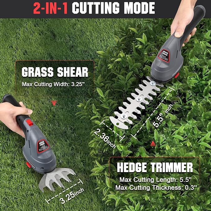 Cordless Grass Shear & Hedge Trimmer, 2 in 1 Handheld Bush Trimmer, 8V Electric Shrub Trimmer/Grass Cutter with Type-C Cable and Rechargeable Lithium-Ion Battery