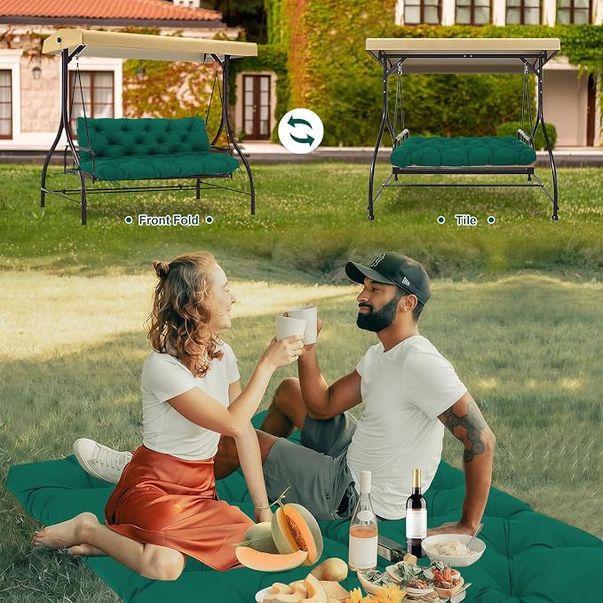 Porch Swing Cushions 3 Seater Replacement Thicken 5" Waterproof & Fade Resistant Swing Cushions for Outdoor Furniture Bench Patio Swing Cushion with Backrest & Ties(Dark Green 70x40x5inch)