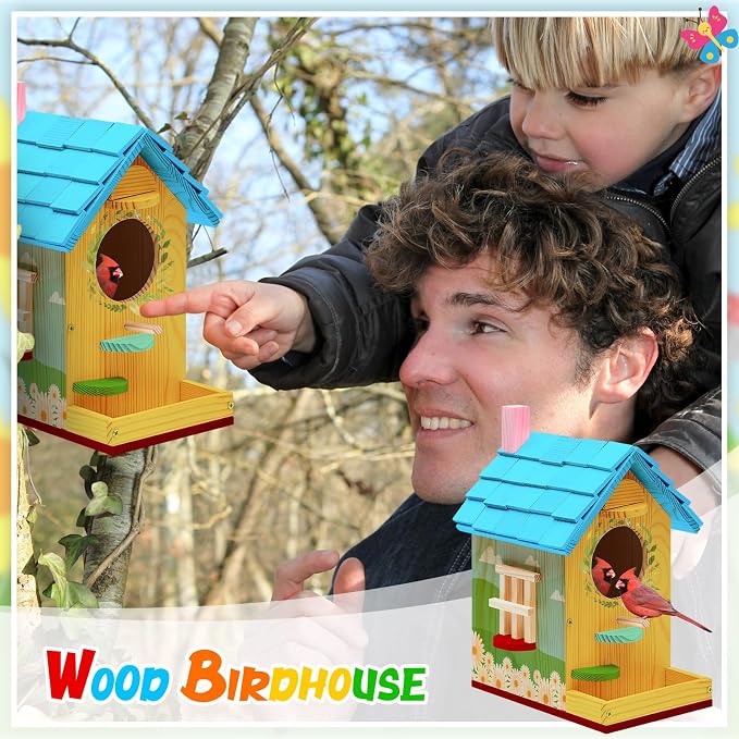 Liliful 2 Pack Wooden Bird House Kits, Build It Yourself Woodworking Kit for Adult Kids 4-8, 8-12 with Paint and Paintbrushes, Solid Weather Proof Natural Pine Wood, Pre Drilled (Modern Style)