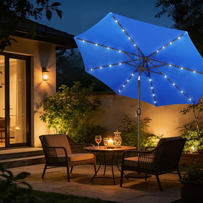 Blissun 9 ft Solar Umbrella, Patio Umbrella with 32 LED Lights, Table Market Umbrella, Outdoor Umbrella for Garden, Deck, Backyard, Royal Blue