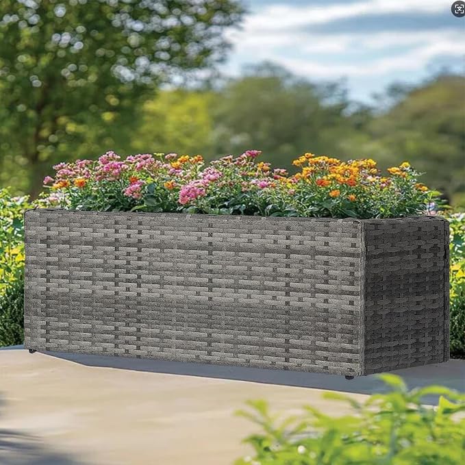 SUNNYPARK Gray Rectangular Planter Box All-Weather PE Rattan Large Modern Planters with Removable Liner Indoor Outdoor Decorative Flower Pot for Patio, Balcony, Garden