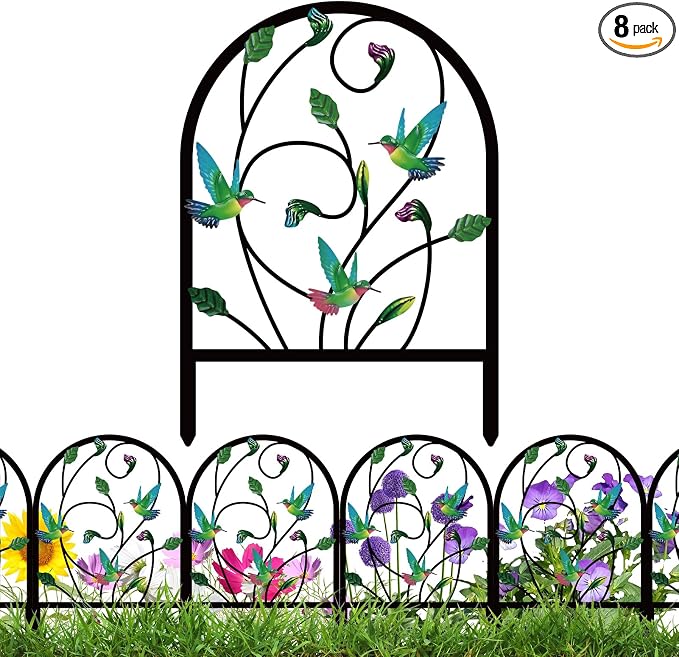 8 Pack Hummingbird Decorative Garden Fence Metal Hummingbird Design Metal Arch Garden Fence Border for Yard Patio Flower Bed Lawn Outdoor Landscape Decoration Animal Barrier Fence for Garden