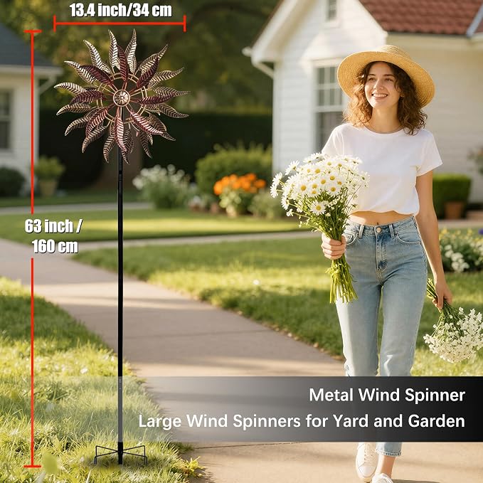Large Wind Spinners Outdoor Metal, 360° Double-Layer Garden Wind Spinners Sculptures, 63" ×13.4", Kinetic Pinwheels for Yard and Garden Patio & Lawn (Blown)
