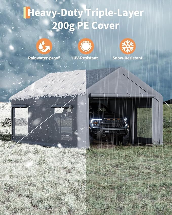 Carport Canopy, 12 x 20ft Garage Tent Shelter Tarp, Heavy-Duty Carport Canopy with Roll-Up Windows & Doors, Removable Sidewalls Car Canopy, Car Tent Waterproof for Cars, Boats, Trucks