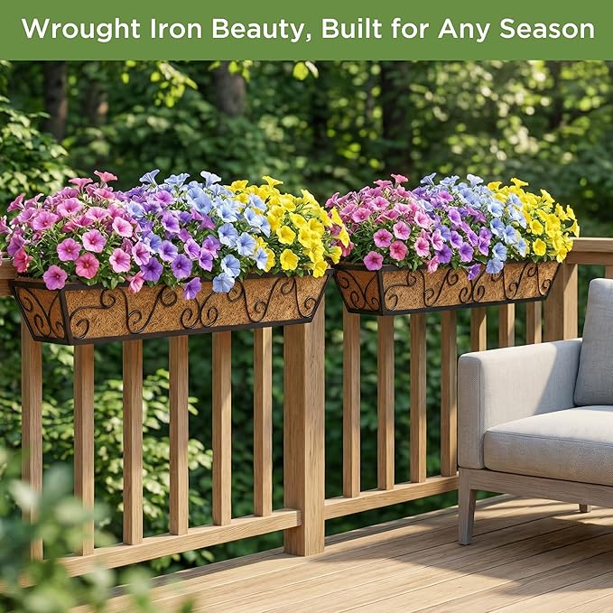 2PCS 30 Inch Railing Planter with Adjustable Brackets, Window Box with Coco Liner, Hanging Flower Box for Balcony Deck Fence, Metal, Black