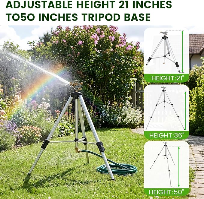 50" Brass Impact Sprinkler on Tripod Base 2pcs,Heavy Duty Metal Pulsating Telescoping Tripod Sprinkler,360 Degree for Large Area,Yard,Lwan&Garden Waters up to 90 Ft. Diameter Covering up to 6360sqft