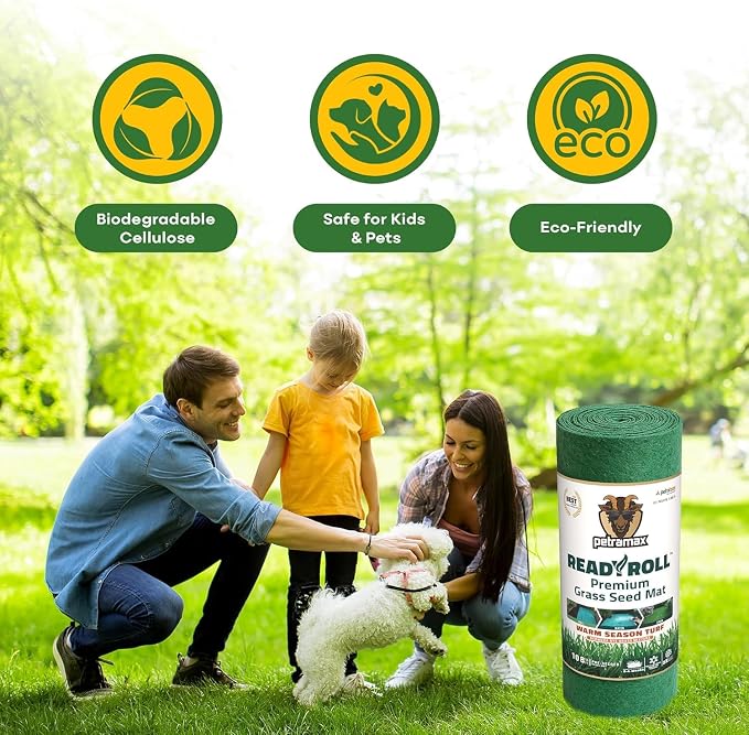 PetraMax Bermuda Grass Seed Rolls for Southern Lawns - Biodegradable Roll Out Grass Seed Mat - Also Perennial Rye & Tall Fescue Blend - Full Sun - Erosion Control - Patch Lawn Repair (216 Sq Ft)