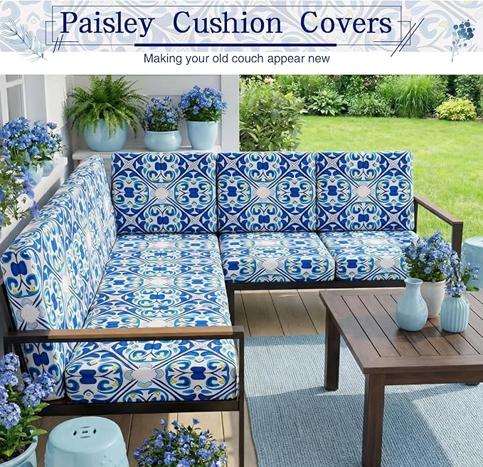 Newwiee 12 Pcs Patio Cushion Covers Outdoor Stretch Sofa Couch Cover Replacement Couch Slipcover Sofa Seat Chair Porch Patio Furniture Protector, Flexibility Washable(Blue Series,Retro)