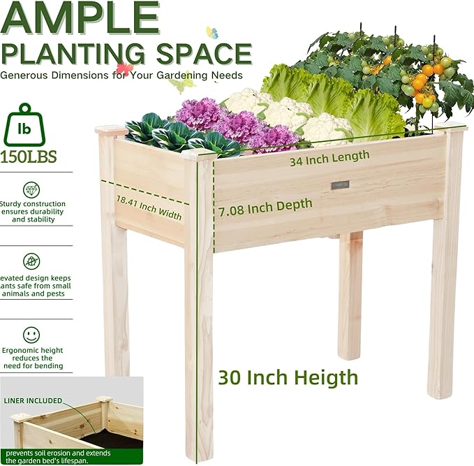 Wooden Raised Garden Bed with Legs, Elevated Reinforced Planter Box with Bed Liner for Outdoor Backyard/Patio/Gardener, 34x18x30in, 150lb Capacity - Natural