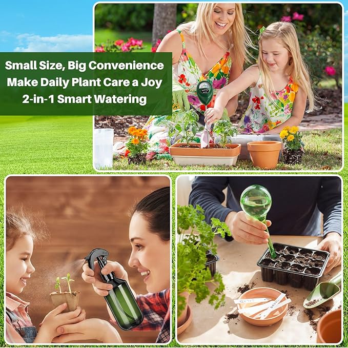 Reallnaive 6 Pcs Indoor Watering Can Set 1/2 Gallon Can 6.8 oz Spray Bottle 17 oz Squeeze Bottle Plant Watering Globes Soil Moisture Meter Small Spraying Set for Indoor Outdoor(Fluorescent Green)