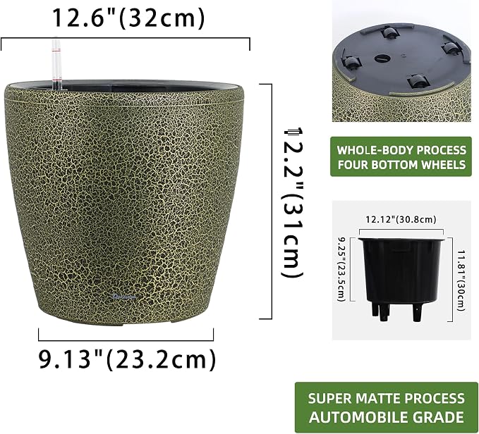 Dexceder 13x12 Self Watering Planter with Wheels (Black Gold Crackle) | Inner Pot Design, Thickened Large Floor Standing Flower Plant Pot with Water Level Indicator Indoor Outdoor