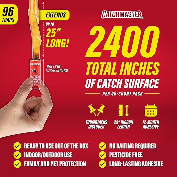Catchmaster Fly Ribbon 96-Pack, Bug & Fruit Fly Traps Outdoor and Indoor, Premium Adhesive Sticky Fly Strips & Gnat Hanging Strips, Bulk Flying Insect Paper Rolls, Pesticide-Free Home Pest Control