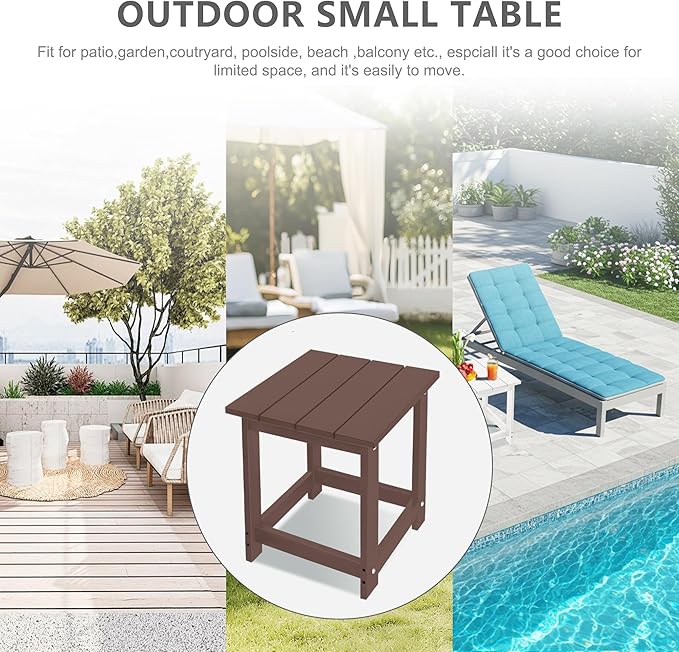 LZRS Square Patio Side Table, Heavy Duty HDPE Outdoor End Table with Wood Texture, Weatherproof Composite Table for Adirondack Chairs, Deck, Pool, Indoor/Outdoor, No Peeling or Cracking(Brown)