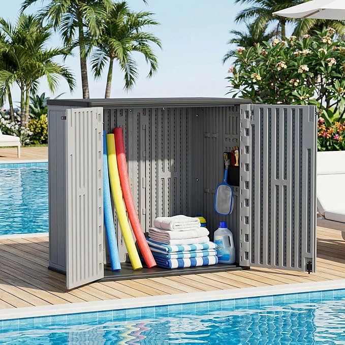 37 Cu. Ft Outdoor Storage Box, Waterproof Resin Shed with Lockable Lid, Horizontal Outdoor Storage Cabinet for Patio Garden Lawn Mower Bike Tools, Wood-Like HDPE Panels, Easy Assembly