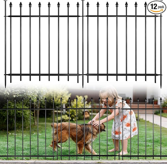 Decorative Metal Garden Fence，(12 Panels+ 13 Posts), Total Iength24 ft(W) x 24 in(H), High Metal Border Fence, Classic Roman Column Decoration, Garden and Lawn Landscape Fence, Black Animal Fence