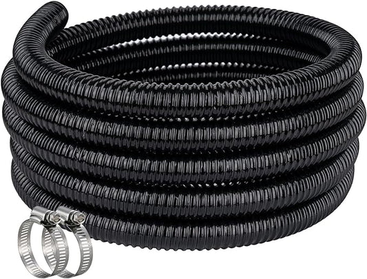 Pond Hose ID 1/2” × 10ft Black Corrugated Flexible Reinforced PVC Hose Vinyl Tubing for Pond Pump Fountain Garden Waterfall, Non-toxic & Kinkproof, with 2 clamps