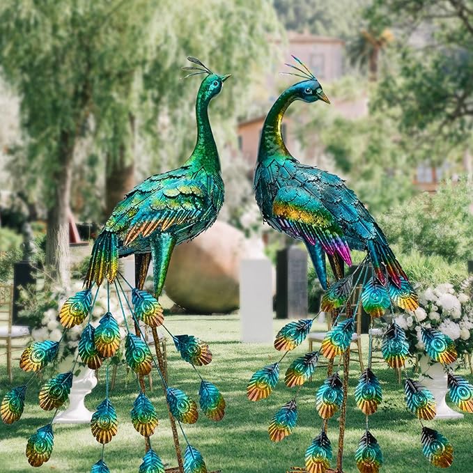 Kircust Metal Peacock Staues for Outdoor Garden | Yard Art Sculptures, Weather-Resistant, Hand-Painted, 30.7"H, For Backyard, Patio, Porch