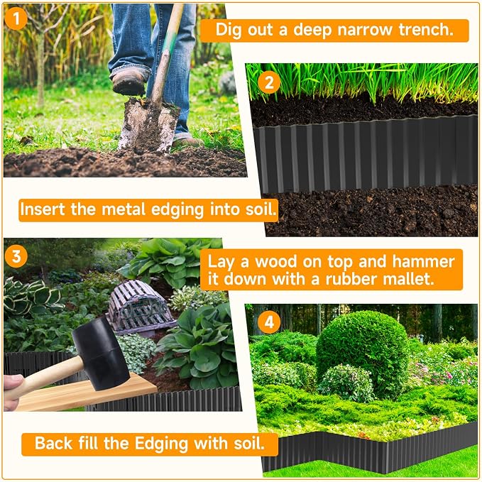 MTART Corrugated Metal Edging for Landscaping, Sturdy Garden Edging Border for Flower Bed, Lawn and Landscape Edging (Black, 6"×40Ft)