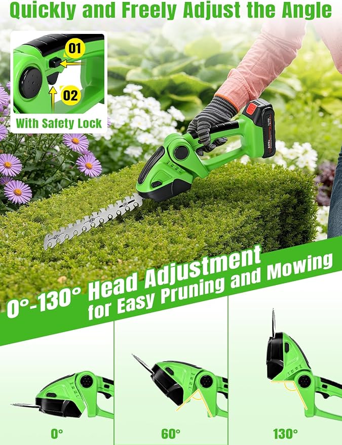 Electric Hedge Trimmer Cordless，2-in-1 2000RPM Handheld Hedge Shears Grass Cutter with 2 Rechargeable Battery and Charger, Shrub Bush Trimmer Grass Shears Gardening Tools for Yard, Lawn (Green)