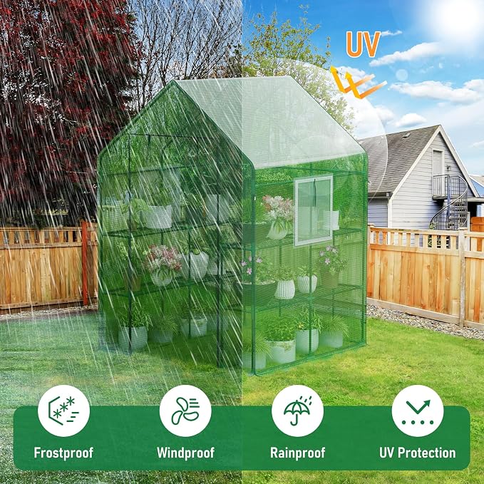 56×56×78Inch Walk-in Greenhouse for Outdoors with Screen Windows, Heavy Duty Small Plant House with Thicken PE Cover and Steel Shelves, Portable Green House for Outside Garden Winter, Green