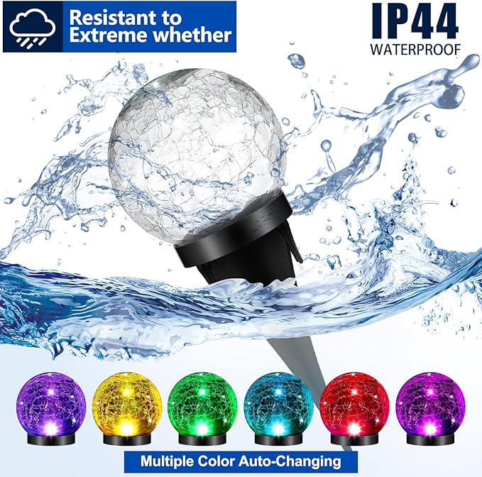 Glooglitter 3 Pcs Extra Large Solar Globes Lights Outdoor Cracked Glass Ball Solar Light Multi Color Pre Lit Crystal Waterproof Lawn Globes for Yard Landscape Garden Decor (4.72")