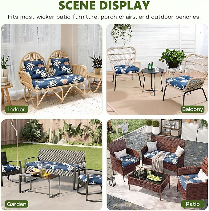 Wicker Chair Cushions Set, 2 U-Shaped Cushions & 1 Loveseat, Waterproof Outdoor Loveseat Cushion for Patio Furniture, Settee Bench Pad All Weather,GrayLeaf