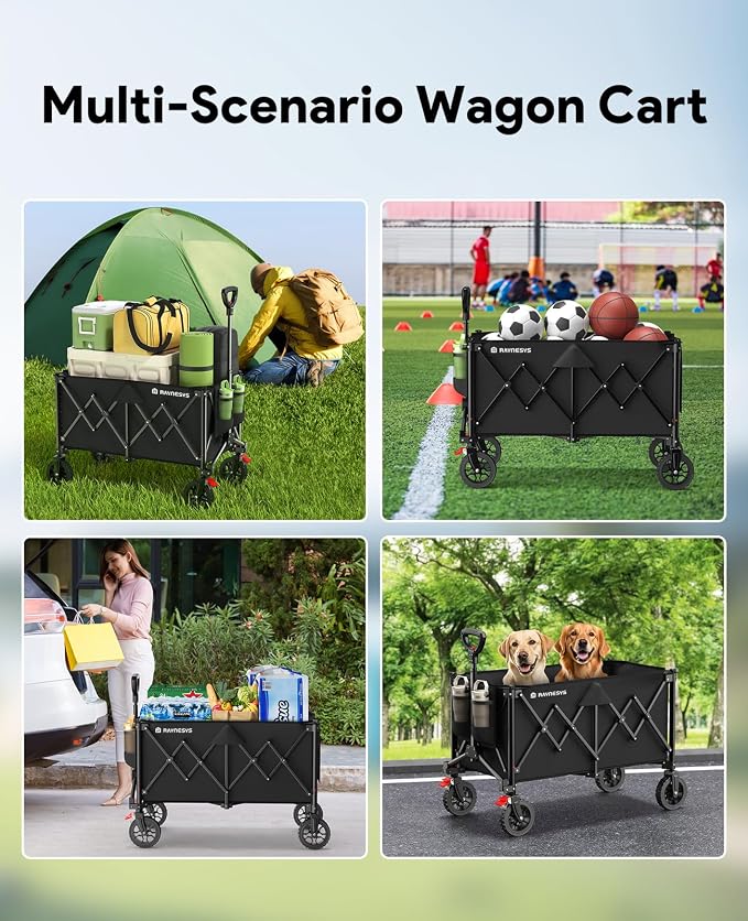 Collapsible Foldable Wagons with Wheels, 440lbs Capacity Wagons Carts Foldable, Utility Wagon Carts with Brakes for Grocery, Camping, Sports