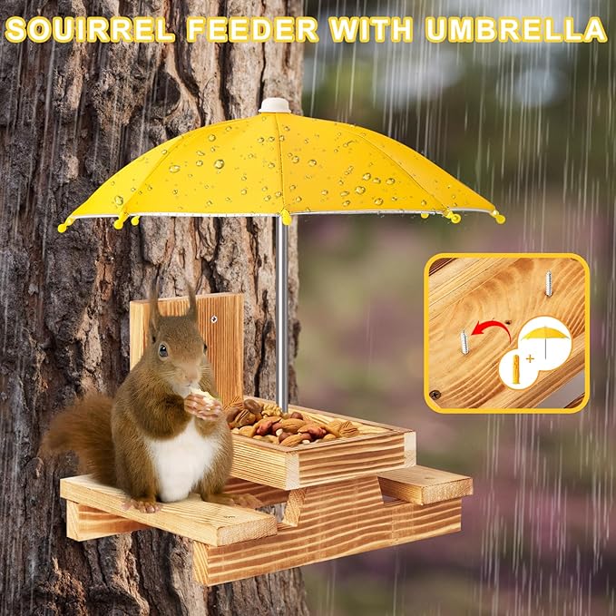Gnodary Squirrel Feeder with Umbrella, Squirrel Feeders for Outside, Squirrel Picnic Table Feeder - Chipmunk Feeder Hold Corn, Corn Cob, Peanuts Style2 (Yellow)