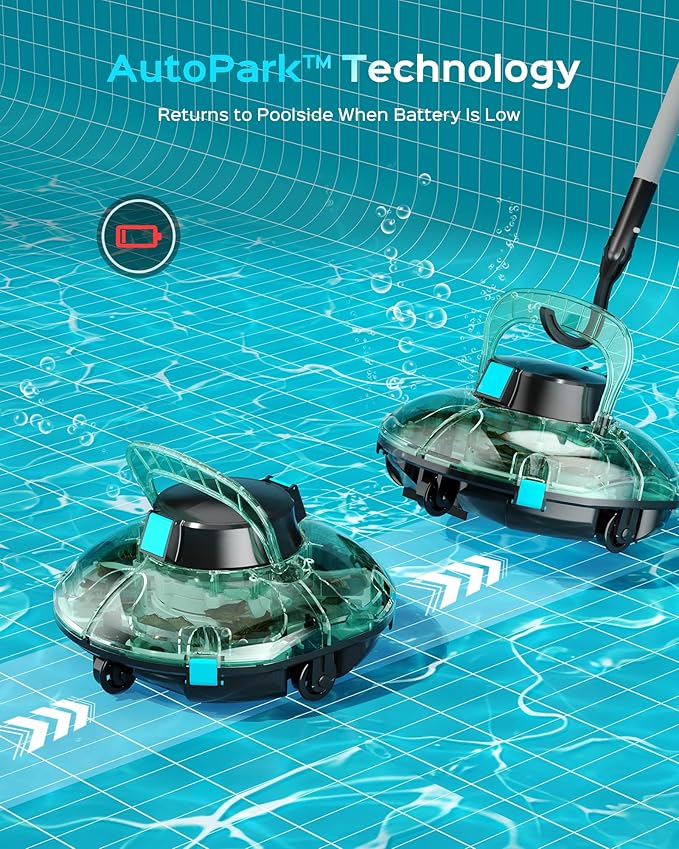 (2026 Upgrade) Cordless Robotic Pool Cleaner, Lasts 80 Min, Automatic Vacuum for Above-Ground Pools up to 650 Sq.ft,Portable, Self-Parking (Transparent Green)