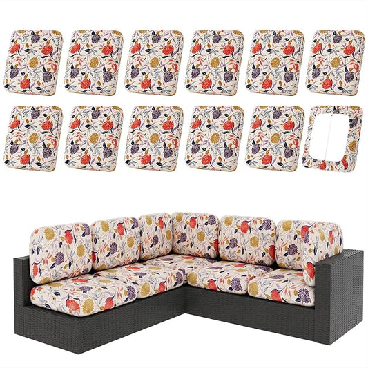 hyha 12Pcs Patio Cushion Covers, Stretch Outdoor Couch Cushion Covers, Washable Outdoor Chair/Sofa Slipcovers for Patio Furniture Cushions Protector with Elastic Bottom(Flower Vine,Cover Only)