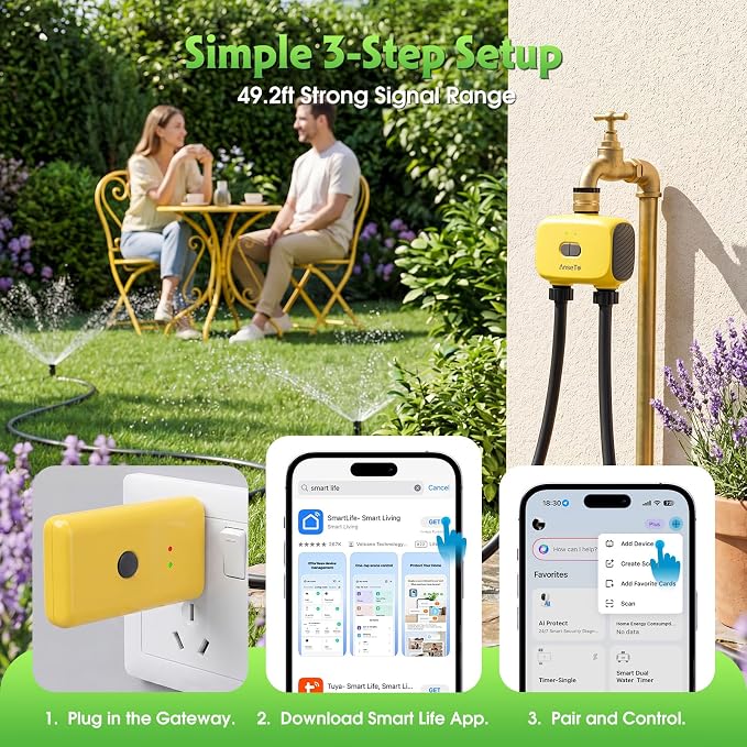 WiFi Sprinkler Timer 2 Zone, Smart Water Timer for Garden with App Remote Control for Travel, Brass Inlet Smart Irrigation System for Outdoor Hose, Patios, Lawns, Flower Bed & Yard Care