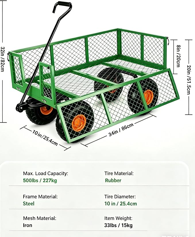 GarveeLife Heavy Duty Steel Garden Cart 500 LBS Capacity 3 in 1 Pullable Garden Wagon with 10 in Wheels for Gardening Soil, Tools, and Plant Transport