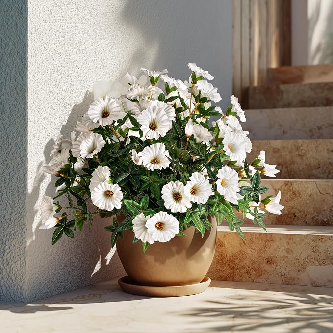 White Artificial Morning Glory Flowers for Outdoor Planters, UV Resistant Silk Faux Flowers for Hanging Basket, Porch & Window Box, Lifelike Farmhouse Garden Decor, No Pot, 13.3 Inch, 4 Bundles