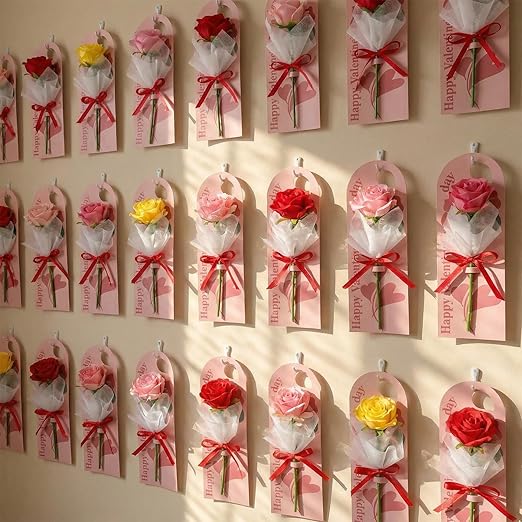 Eaasty 48 Set Valentine's Day Themed Single Rose Card Sleeve Gift Packaging Flower Holder with Floral Water Tubes Ribbon Floral Tissue Paper for Rose Packing