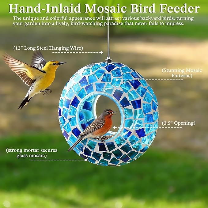 SAVENNA Mosaic Glass Hanging Bird Feeder, 6.3 Inch Handcrafted Outdoor Feeder with Steel Wire Rope, Decorative Garden & Patio Feeder for Wild Birds, Blue Mosaic Design