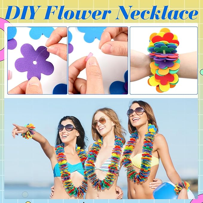 Wettarn 24 Pcs Hawaiian Lei Making Craft Kit Makes Foam Flower Necklace VBS Vacation Bible EVA Flowers Foam Luau Crafts DIY Floral for Luau Tropical Party Decoration (Flower)