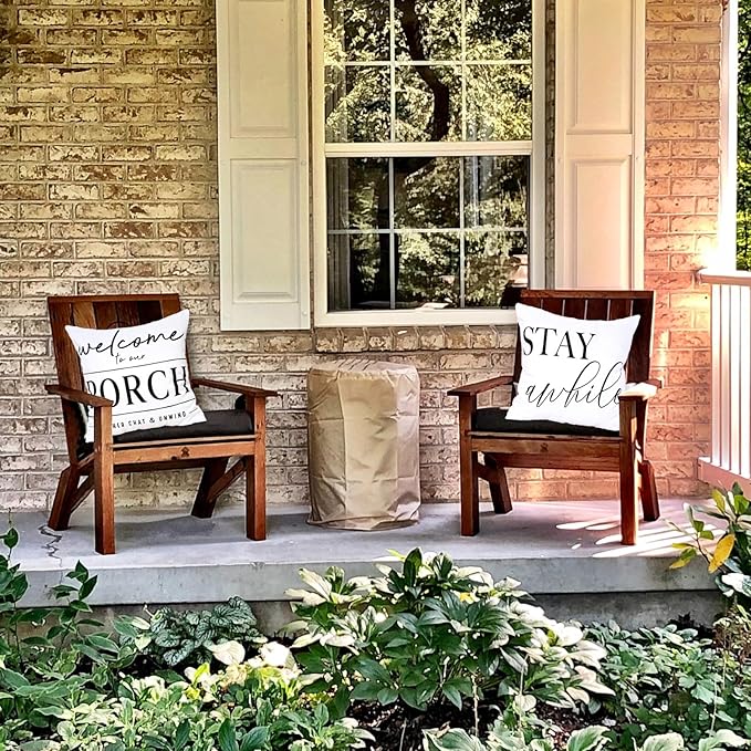 TAJWE Outdoor Pillow Covers Waterproof 16x16 Set of 2 Welcome to Our Porch Stay Awhile Cushion Cases for Patio Furniture Sofa Couch Decor