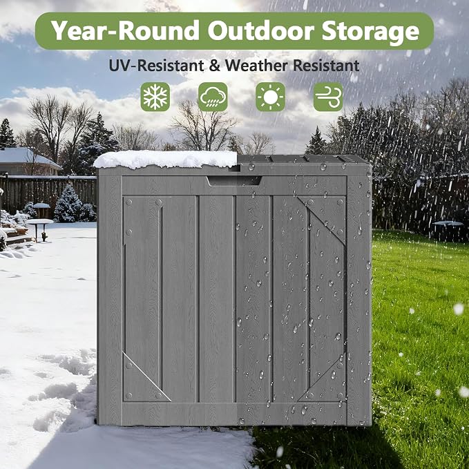 31 Gallon Outdoor Deck Box 4 Pack, Waterproof Resin Patio Storage Boxes with Lockable Lid, Small Outdoor Storage for Cushions, Accessories, Garden Tools, Indoor Outdoor Organizer, Gray
