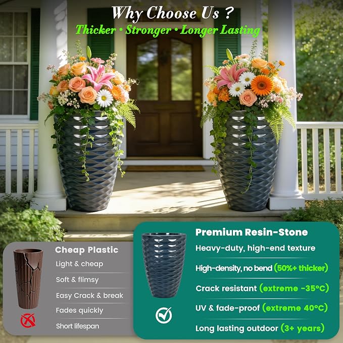 19" H Coastal Planter for Indoor/Outdoor Plants, Set of 2 Large Flower Pot with Drainage Hole, Weather/UV Resistant Resin Planters for Garden Patio Porch Home office Decor, Glossy Navy Blue Wavy