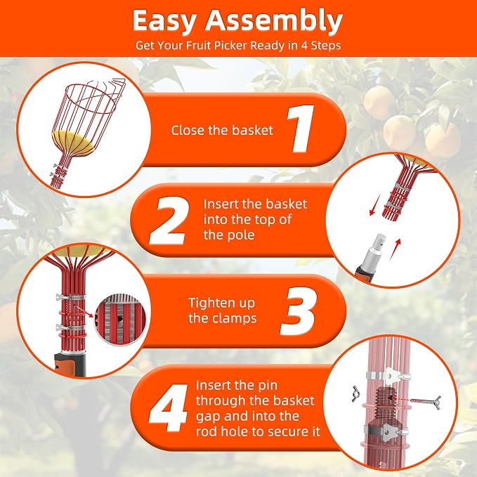 26FT Reach Fruit Picker with Basket, Telescoping Aluminum Pole 5-20FT, Dual Flip-Lock & Screw Fixing Design for Apple Orange Mango Avocado Lemon Picking