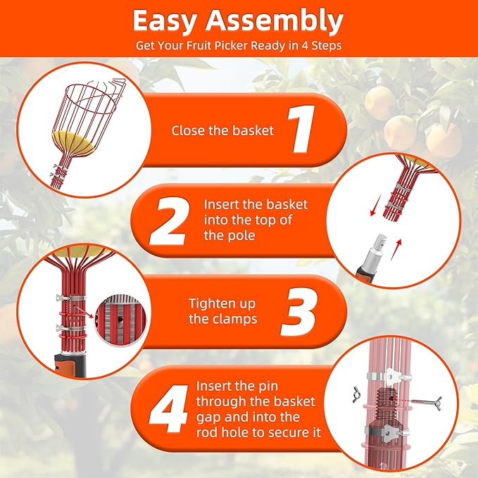 26FT Reach Fruit Picker Pole with Basket Telescoping,5-20FT Fruit Picker Pole with Basket, Apple Picker with Telescoping Long Handle, Fruit Grabber with Sturdy & Adjustable Aluminum Pole for Orange